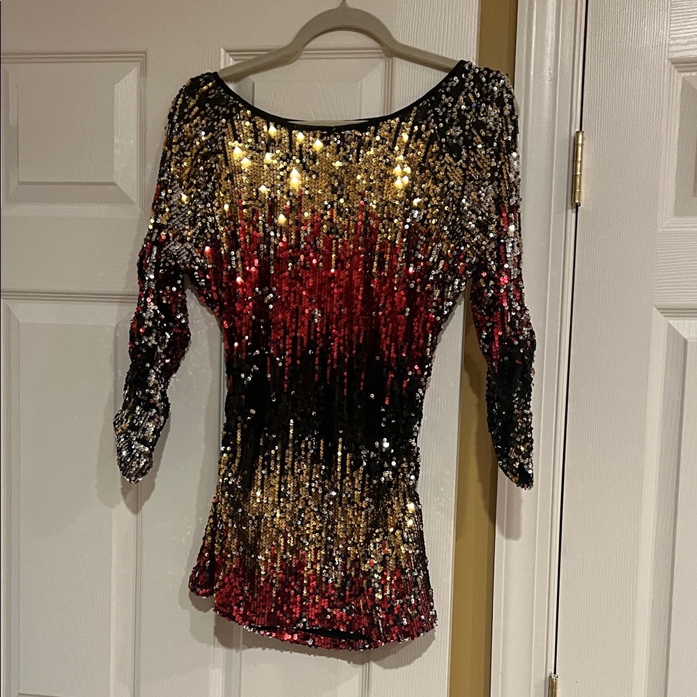 Boston Proper Red Black Gold Sequin Blouse